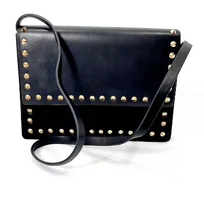 Zara Women Black Leather & Animal Hair Studded Clutch Shoulder Bag Purse • $55.99