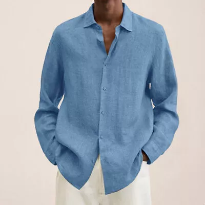 Mens Long Sleeve Linen Shirt Summer Loose Fit Lightweight Button Down Shirt New • $18.99