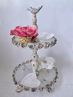 Shabby Chic Chippy Tiered Cake Cupcake Stand Metal Glass Roses Bird CottageCore • $34.99