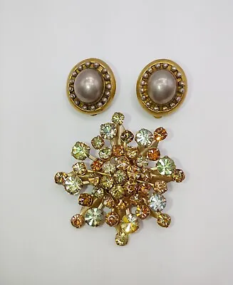 Steve Vaubel Clip On Earrings Unsigned Rhinestone Brooch Vintage Jewelry Lot • $98.68