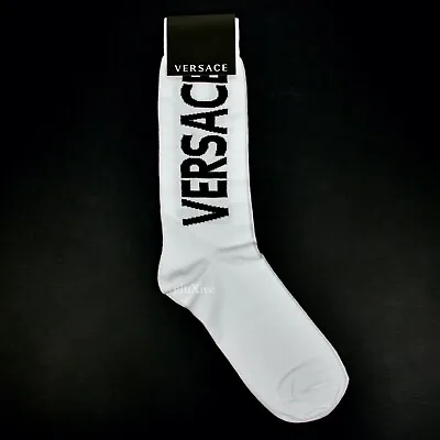 NWT $95 Versace Men's White Black Big Logo Knit Cotton Crew Socks M AUTHENTIC • $89