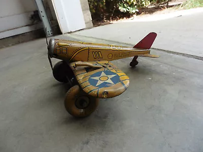 1930s Marx 712 Tin Litho Wind Up Sparking US Army Airplane  W Wing Guns Works @@ • $49.99