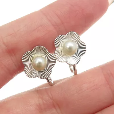 VAN DELL Sterling Silver Antique Art Deco Faux Pearl Flower Screw Back Earrings • $34.95