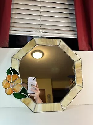 Vintage Octagon Stain Glass Golden  Framed W/ Orange Slag Floral Edge Mirror 17” • $23.09