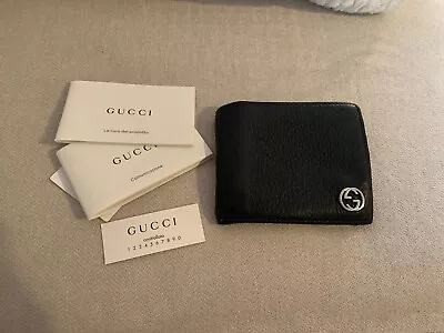 GUCCI Bi-Fold Interlocking GG Black Leather Wallet Black / Green • $145