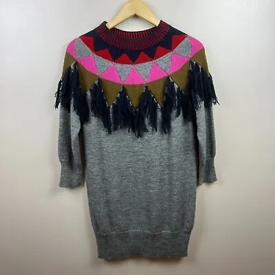 Vanessa Bruno Athe Fringe Sweater Dress Size Small Gray Alpaca Wool Fair Isle • $59.99