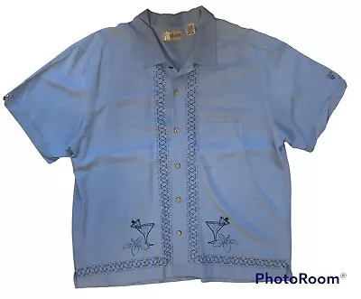 Cubavera Button Camp Shirt Embroidered Martini Cocktail Glasses Blue 2XL • $35