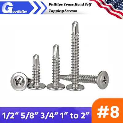 #8 Phillips Truss Head Self Tapping Screws 410 Stainless Steel 1/2  5/8  To 2  • $7.82