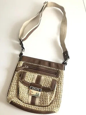 Chaps Straw & Brown Vegan Leather Shoulder Bag Purse Satchel Handbag • $12.22