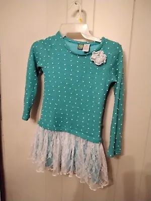 Dollie And Me Girls Size 8 Teal Blue Long Sleeve Polka Dot Dress Lace Overlay • $8.90