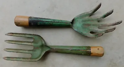 2 Primitive Metal Wood Garden Tools Antique Green Shabby Hand Fork Finger Claw • $39.99