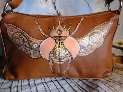 Soft Brown Leather Small Shoulder Crossbody Bag Hand Painted Steampunk Beetle • £29