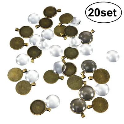 £9.27 • Buy  20 Set Round Bezel Pendant Trays With Glass Dome Tiles 25 Mm Blanks Cameo Bezel
