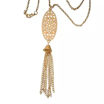 Oriental Indian Mandala Long Necklace Bell Tassel Filigree Gold Tone  • $14.99