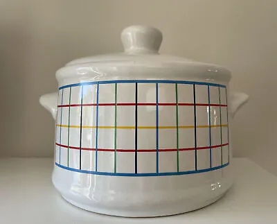 Vintage Mardi Gras MT CLEMENS Pottery Bean Pot Colored Grid On White • $13