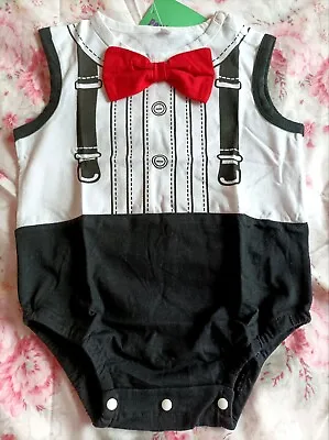 Baby Tuxedo Romper Babygrow Wedding Formal Party Costume Bow Tie Outfit 18-24 • £6.49