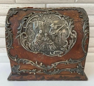 $599 • Buy Antique Box Wood Silver 800 England Scene Lady's Guitar Player Casket Rare 19th