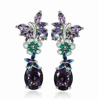 Retro 925 Silver Plated  Dangle Drop Earrings Hook Amethyst Jewelry Simulated • $3.99