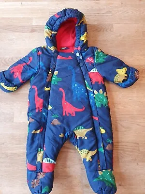 M&S  Baby Navy Hooded Padded Dinosaur Snowsuit Size 0-3 Months. Barely Used. • £10.99