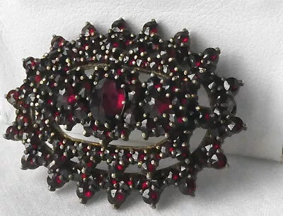 Antique Victorian Sterling Czech Bohemian Rose Cut Garnet Cluster Brooch Pin • $99