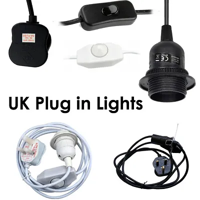 Plug In Light Bulb Kit E27 Lamp ES Switch With Wire Socket Holder Black White UK • £7.99