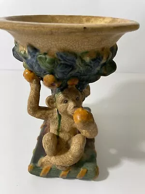 Majolica Ceramic Two Monkeys Eating Fruit Flower Vase • $48