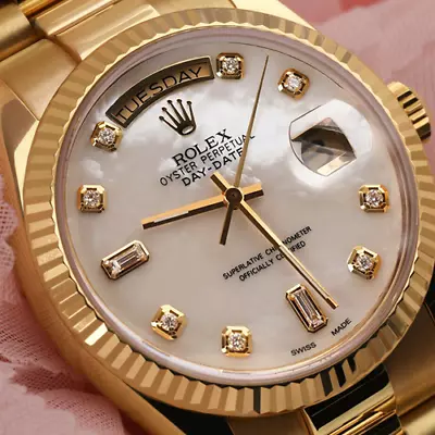 Rolex Day Date 36 Mm White Mother Of Pearl Diamond Dial Presidential Gold Watch • $18000