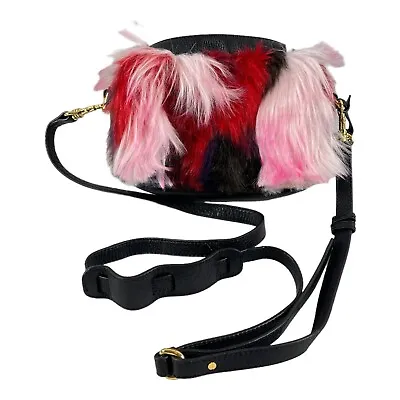 UGG Janey Patchwork Leather Crossbody Bag Purse Pink Red Faux Fuzzy Fur 1093560 • $87.23