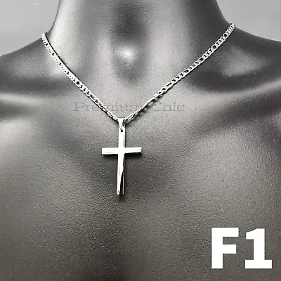 $12.99 • Buy Mens Womens Stainless Steel Figaro Chain Necklace W Cross Pendant Plated 