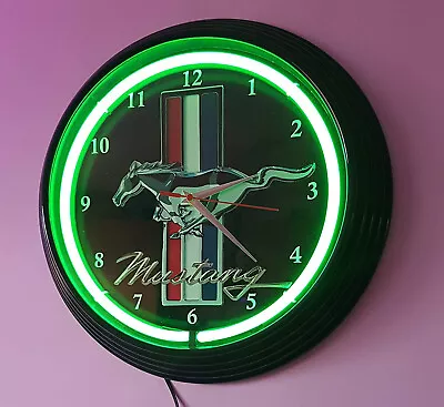 MUSTANG BLACK BADGE SIGN 15  GREEN Neon Clock BLACK Framed Garage Man Cave Bar • $99.99