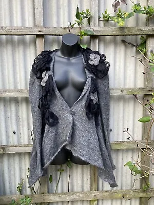 Ladies Cardigan Asymmetrical Zuza Bart Black Grey Merino Wool Size UK 1416 NEW • £119.99