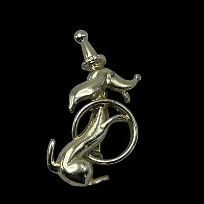 Dachshund Vintage Brooch Wiener Dog Gold Tone Anthropomorphic Clown Hat Hoop Pin • $9.99