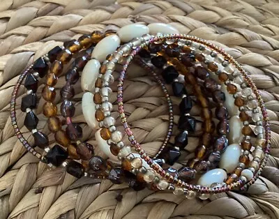 Beautiful Wrap Bracelet Silver Tone Amber Brown Off White Beads 1 5/8 Wide NICE • $12