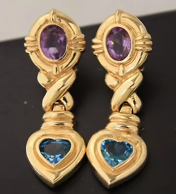 Vintage 14 K Solid Gold Gemstones Dangle Hinged Earrings Pierced 15.1 G • $575