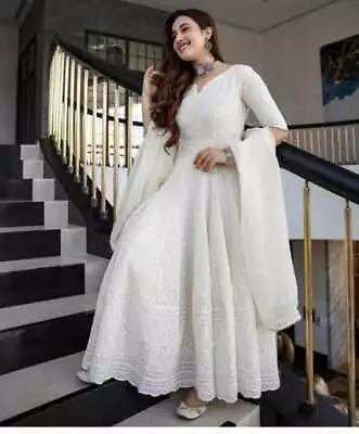 Women Indian Chikankari 2pc Tunic Dupatta Designer Pakistani Kurti Anarkali Gown • $76.88