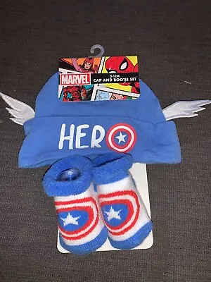 Marvel Captain America Hat & Bootie Set Cotton Rich 0-12mths Blue Mix BNWT • $23.16