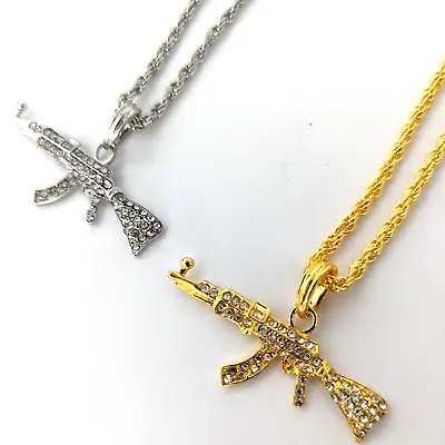 AK47 Gun Cuerno De Chivo Pendant Rope Chain Men Hip Hop Cz Jewelry Necklace 24IN • $11.99