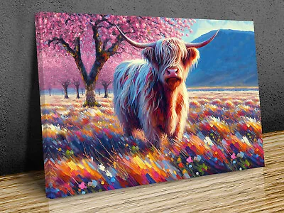 Scottish Cow Highlands Digital Art Blossom Mounted Canvas Print Ready To Hang • £14.99