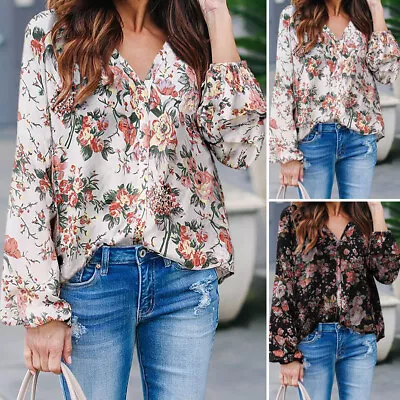 Womens V Neck Floral Printed Tops Pullover Casual Loose Shirt Blouse Plus 8-24 • $32.58