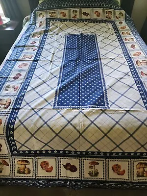 Vtg Blue Off-White Mushroom Print Tablecloth 58X62 Cotton 12 Napkins Italy RARE • $85