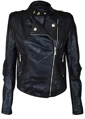 £22.99 • Buy Womens Faux Leather Pvc Pu Biker Gold Button Zip Crop Ladies Biker Jacket