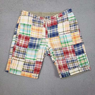 Tailor Vintage Shorts Mens 34 REVERSIBLE Solid Madras Plaid Patchwork 10  Inseam • $36.95