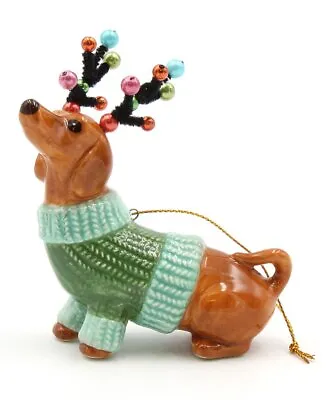 Cosmos Brown & Green Reindeer Dachshund Christmas Ornament • $22.99