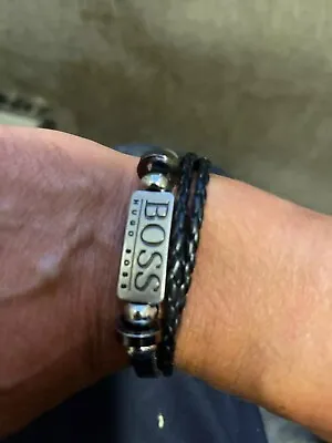 Mens Boss  Leather Bracelet Braided Surfer Wristband  Bracelet   • £13