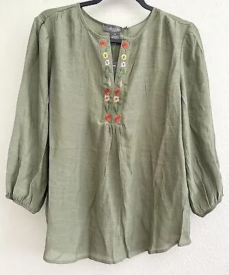Olivia & Martin Peasant Top Blouse Shirt Boho Embroidered Olive Green M Medium • £21.75