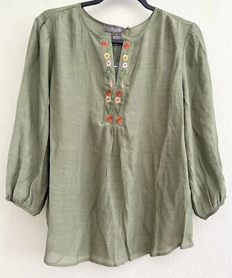 Olivia & Martin Peasant Top Blouse Shirt Boho Embroidered Olive Green M Medium • £21.75