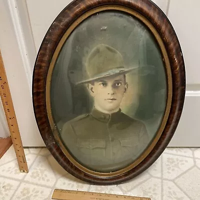 WW1 US ARMY SOLDIER PORTRAIT IN BUBBLE GLASS Wood FRAME. Vintage Estate Sale • $55.55