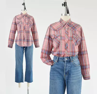 Vintage 70s Pink Plaid Western Shirt Pearl Snap Long Sleeve Cowgirl Shirt S M • $38