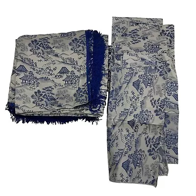 Vintage Silk Brocaded Tablecloth Napkins Fringed Japanese Theme Blue On Silver • $37.49