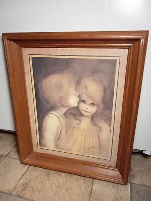 Vintage Margaret Kane Boy & Girl A Little Kiss First Love Framed 20 X17  Print  • $25